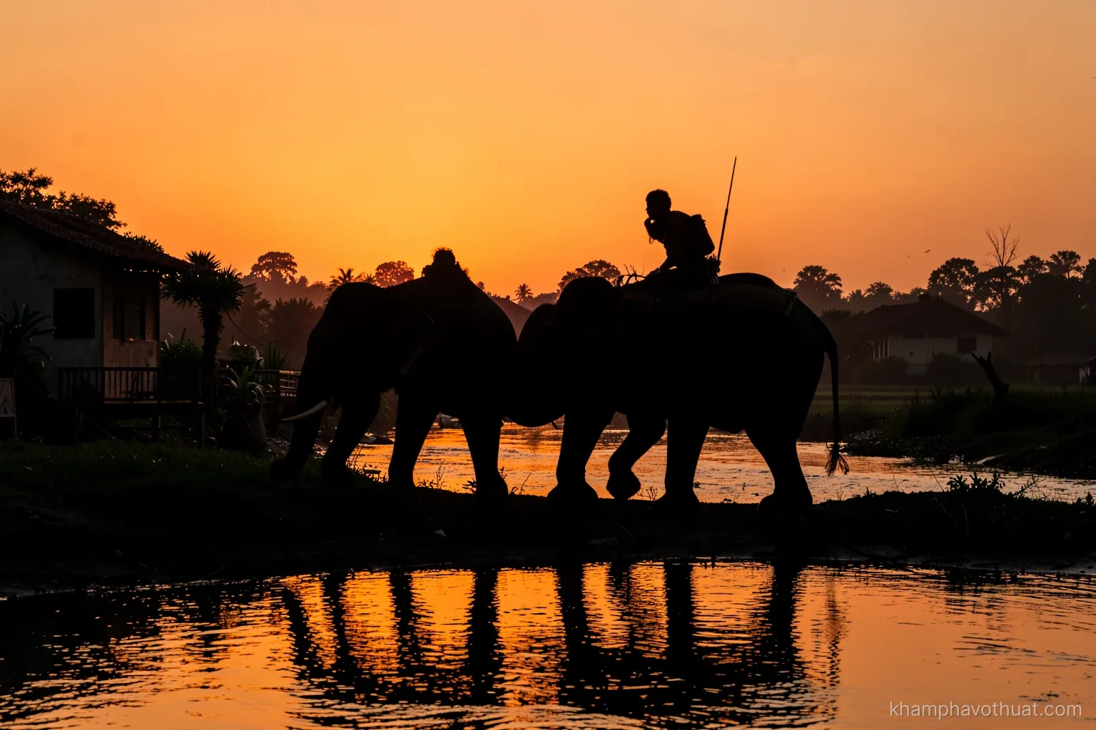 Silhouette of a war elephant and its rider walking along a riverbank at dusk in central Vietnam highlands, seen from far away, orange sky reflected in shallow water
