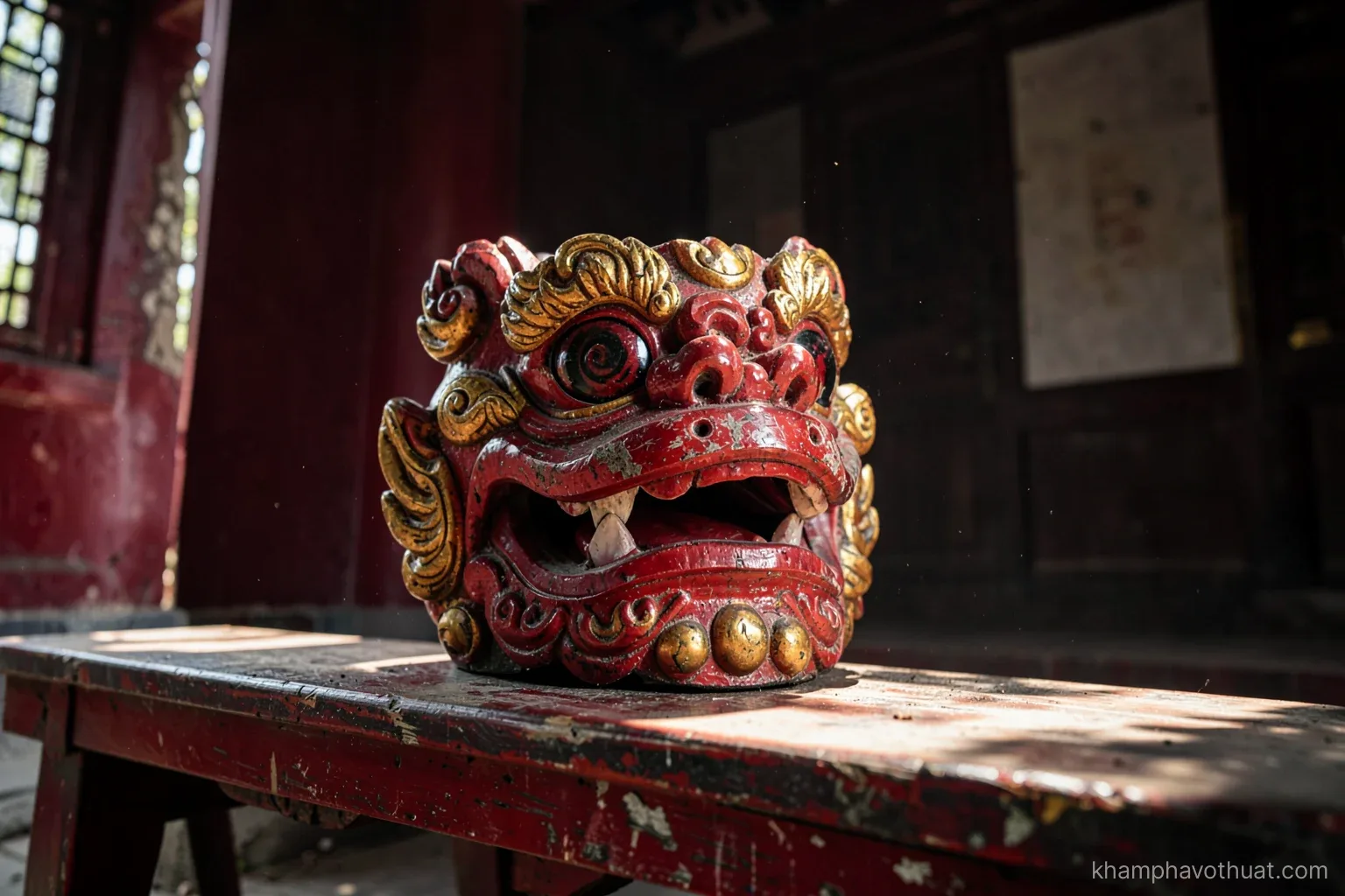 Low angle view of a carved wooden lion dance head resting on a bench inside an old southern Chinese martial arts hall, red and gold paint worn, dusty sunbeams, deep red palette