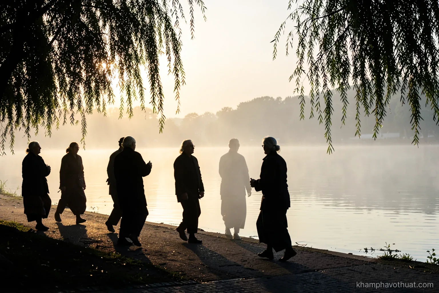Silhouettes of several older practitioners moving slowly in unison on a lakeside promenade at sunrise, mist over still water, willow branches framing the scene, pale gold and soft grey palette