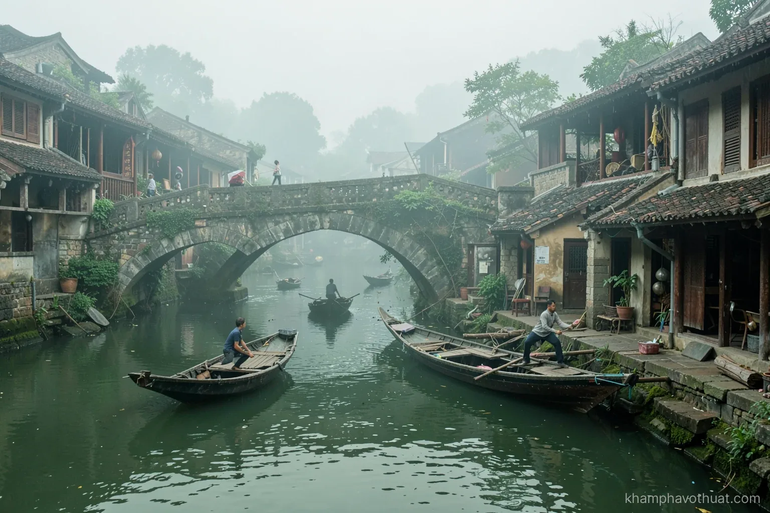 Wide shot of a southern Chinese river town with stone bridges and moored wooden boats, a small courtyard by the water where two distant figures practice low stances, humid green haze