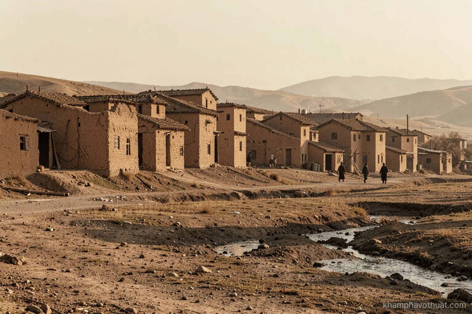 Dusty rural plain in northern China at late afternoon, a cluster of mud-brick village houses and a dry riverbed, a few distant figures in loose dark clothes walking, faded sepia tones