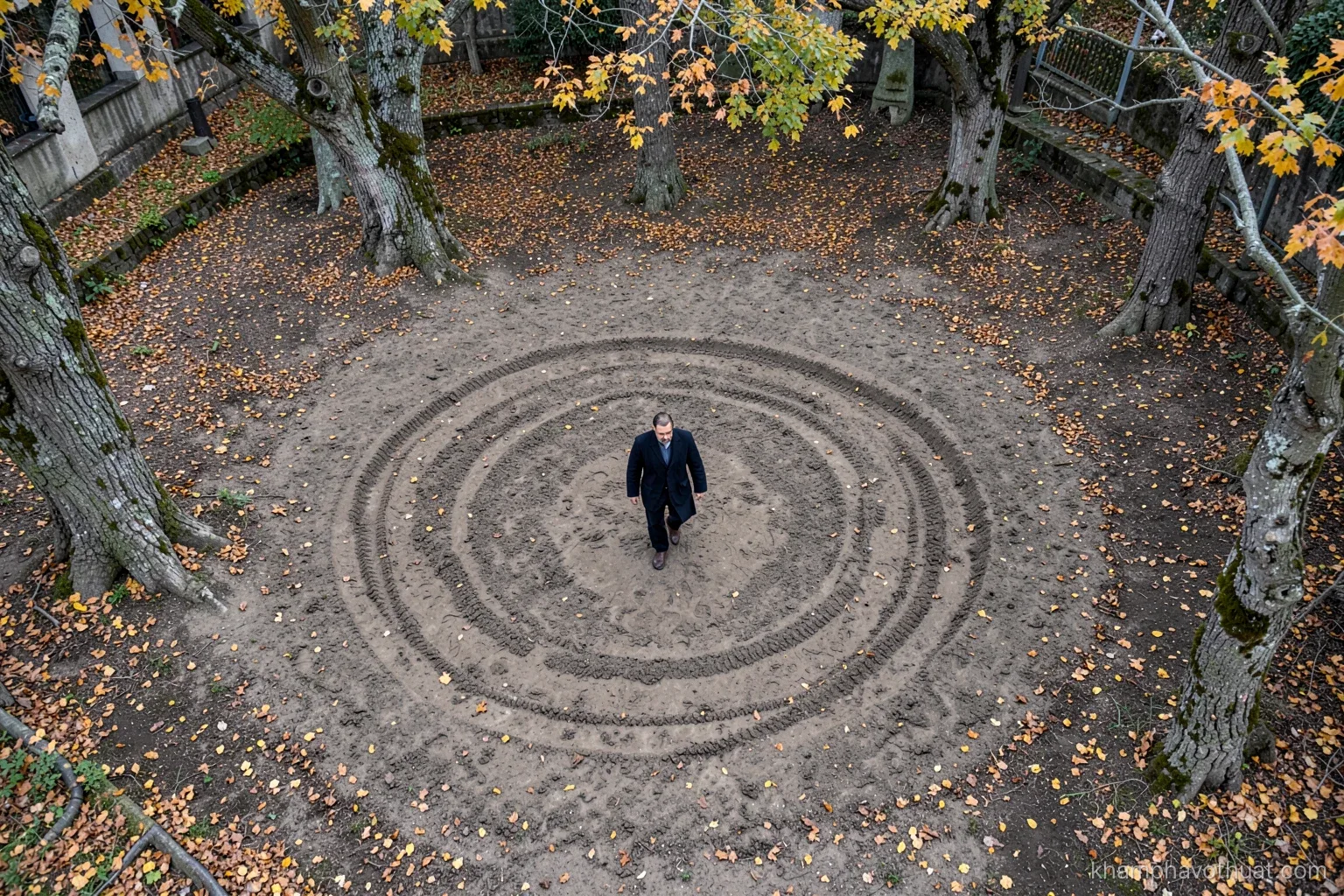 Overhead view of a circular path worn into packed earth in a courtyard surrounded by old trees, a single practitioner walking the circle in plain dark clothes, autumn leaves, ochre and grey tones