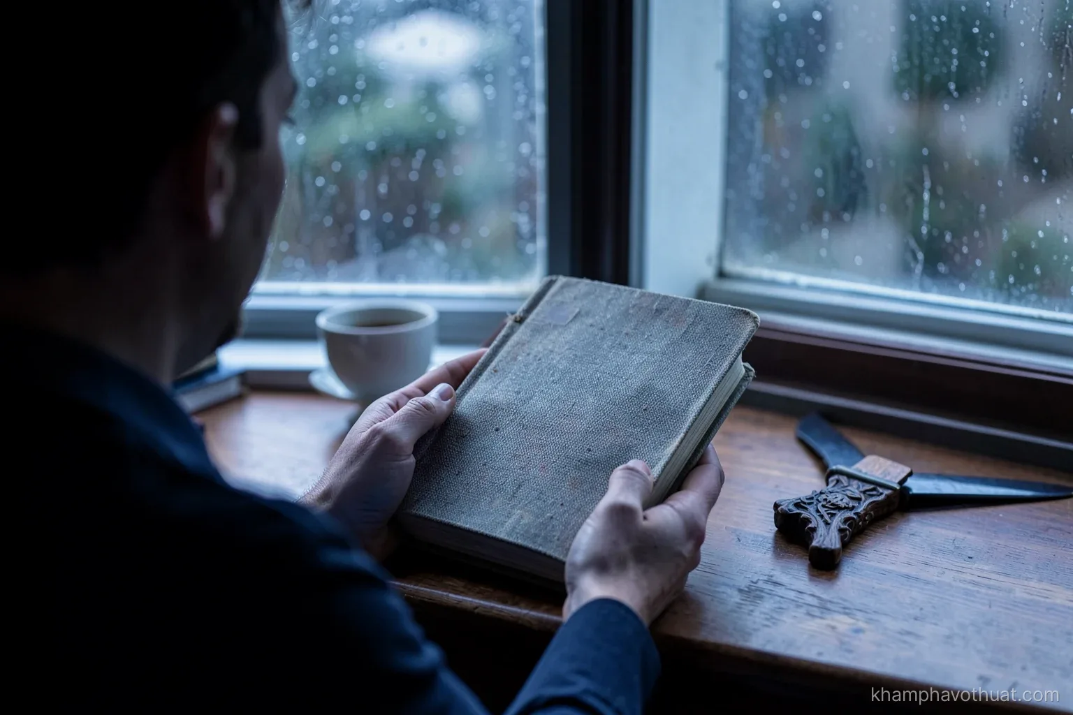 Over-the-shoulder view of a reader holding a closed cloth-bound old novel beside a window, a teacup and a carved wooden sword stand on the desk, rainy afternoon light, muted indigo tones