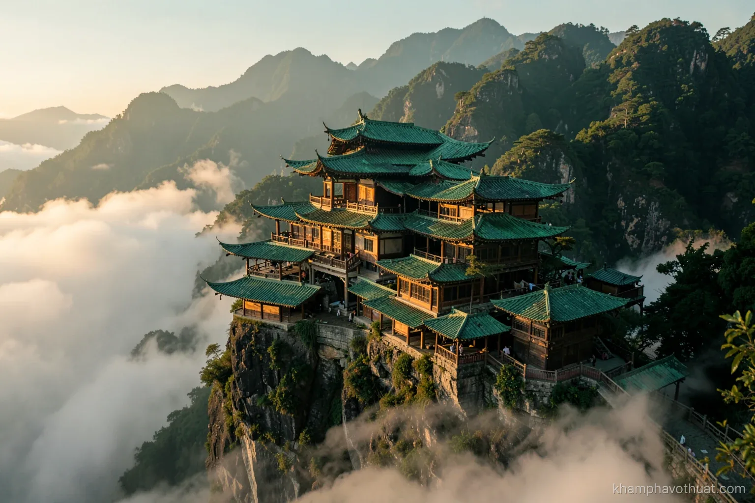 Low angle view of a mountain temple complex with curved green-glazed roofs on a cliff edge, clouds drifting below the terraces, late afternoon golden light, deep green and ochre palette