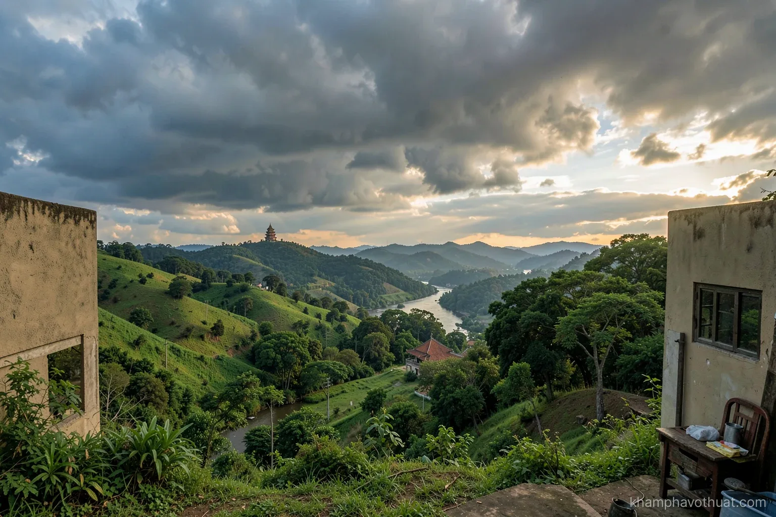 Panoramic view of green rolling hills and a river valley in the Tay Son area of central Vietnam under dramatic clouds, a distant temple roof among trees, late afternoon light